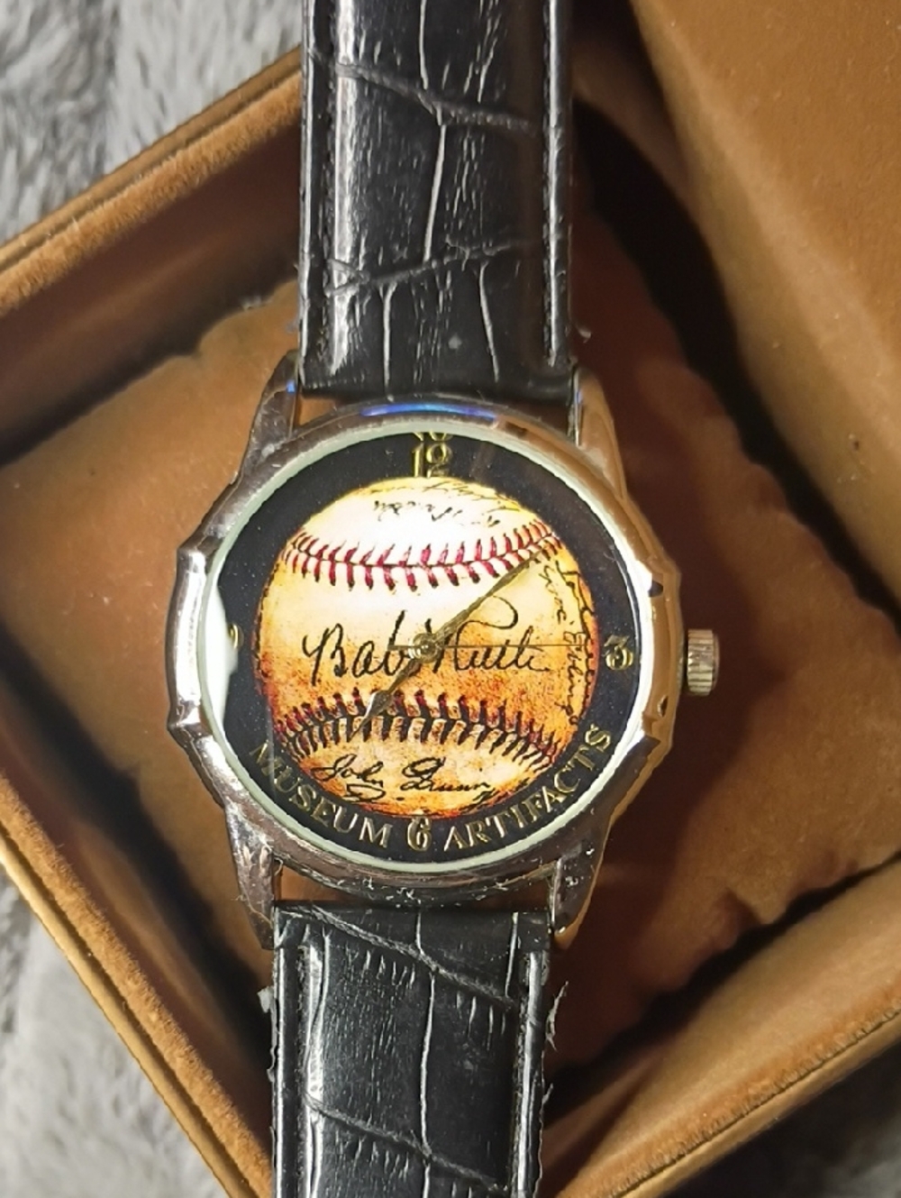 Men's Black Leather Watch with Baseball Dial Authentic Autograph Babe Ruth